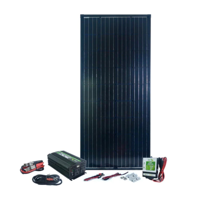 Nature Power's Comprehensive Solar Panel Kit, including a 180 Watt solar panel, a 300 Watt inverter, and a 12 Amp charge controller