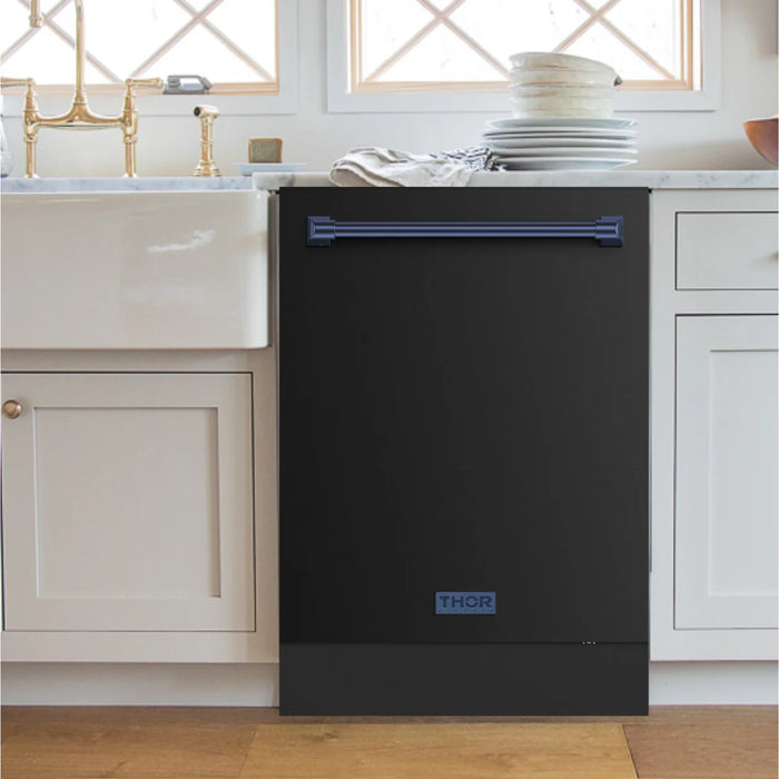 Gordon Ramsay by THOR Kitchen Package - 36" Gas Range, 36" Refrigerator with Ice Maker and Dishwasher in Black Matte with Navy Blue Accents, AP-RSG36B-BLU-2