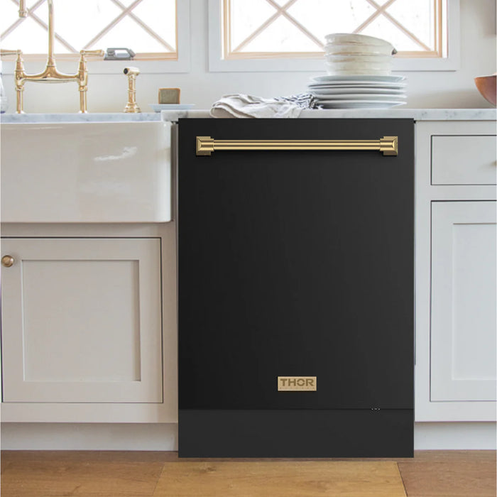 Gordon Ramsay by THOR Kitchen Package - 48" Gas Range, 30" Refrigerator with Ice Maker and Dishwasher in Black Matte with Bronze Accents, AP-RSG48EBLP-BRZ-1