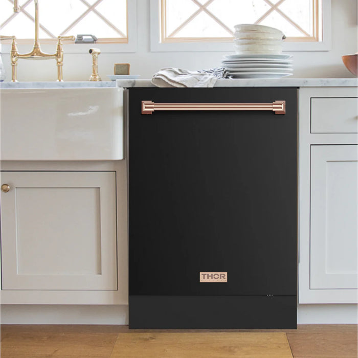 Gordon Ramsay by THOR Kitchen Package - 30" Electric Range, 30" Refrigerator with Ice Maker and Dishwasher in Black Matte with Rose Gold Accents, AP-RSE30B-RSG-1