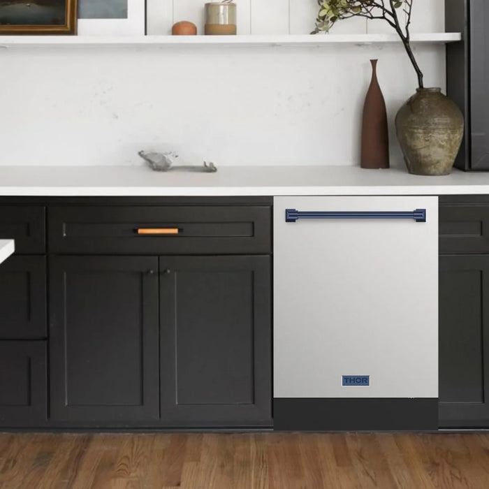 Gordon Ramsay by THOR Kitchen Package - 48" Gas Range, 36" Refrigerator with Ice Maker and Dishwasher in Stainless Steel with Navy Blue Accents, AP-RSG48E-BLU-2