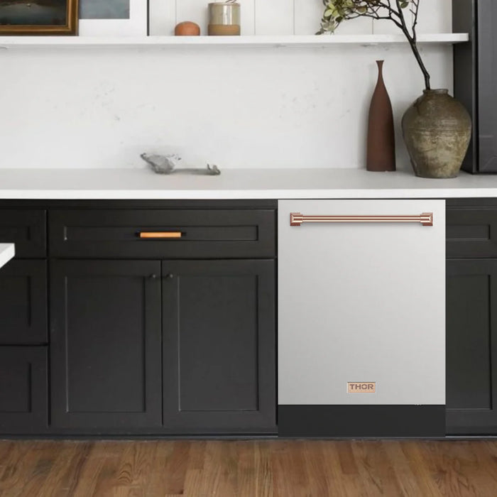 Gordon Ramsay by THOR Kitchen Package - 48" Gas Range, 30" Refrigerator with Ice Maker and Dishwasher in Stainless Steel with Rose Gold Accents, AP-RSG48E-RSG-1