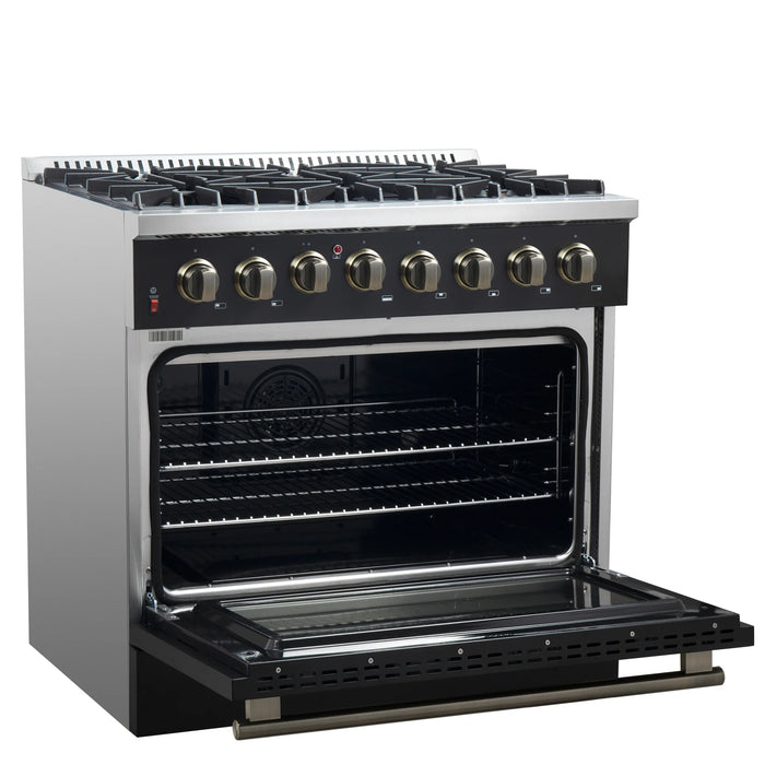 FORNO Galiano 36" 5.36 cu. ft. Dual Fuel Range with 6 Sealed Burners in Black with Antique Brass Accents, FFSGS6156-36BLK