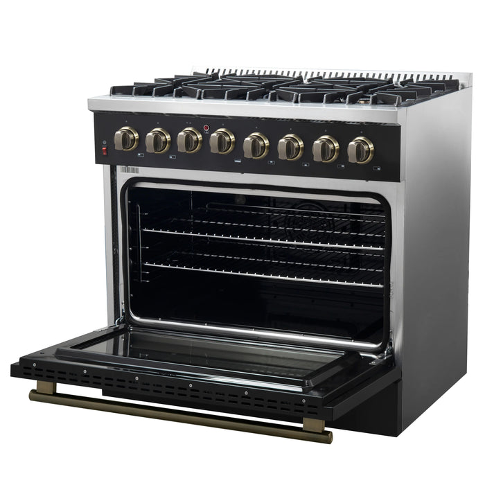 FORNO Galiano 36" 5.36 cu. ft. Dual Fuel Range with 6 Sealed Burners in Black with Antique Brass Accents, FFSGS6156-36BLK