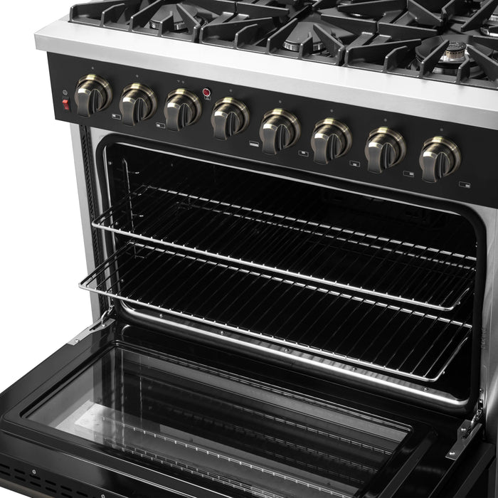 FORNO Galiano 36" 5.36 cu. ft. Dual Fuel Range with 6 Sealed Burners in Black with Antique Brass Accents, FFSGS6156-36BLK