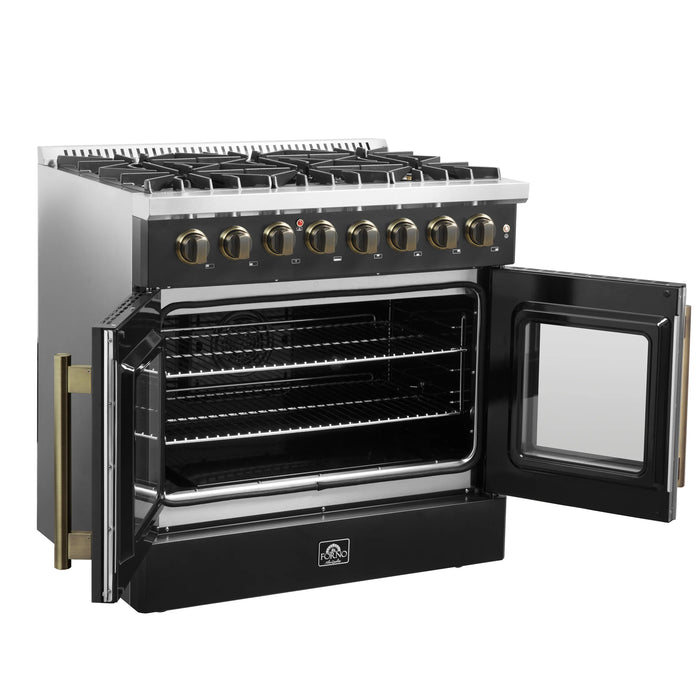 FORNO Galiano 36" 5.36 cu. ft. French Door Dual Fuel Range with 6 Sealed Burners in Black with Antique Brass Accents, FFSGS6356-36BLK