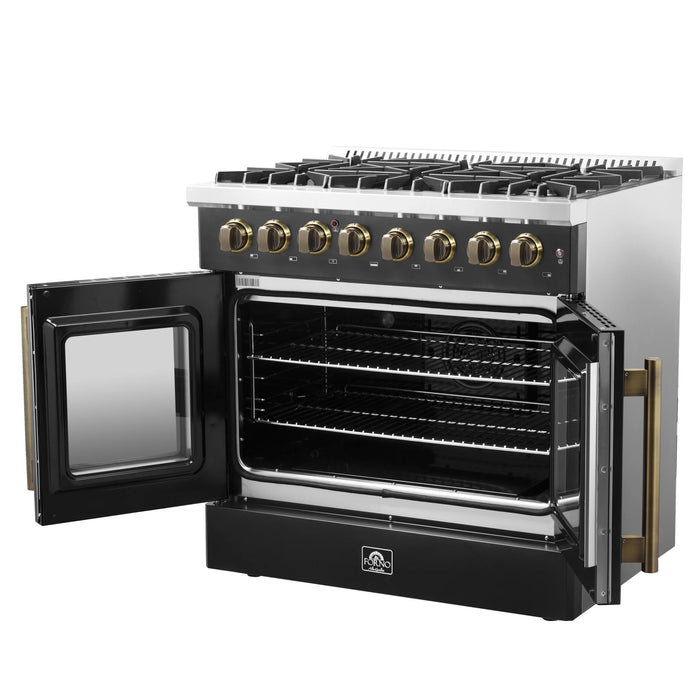 FORNO Galiano 36" 5.36 cu. ft. French Door Dual Fuel Range with 6 Sealed Burners in Black with Antique Brass Accents, FFSGS6356-36BLK