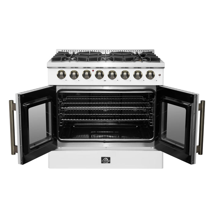 FORNO Galiano 36" 5.36 cu. ft. French Door Dual Fuel Range with 6 Sealed Burners in White with Antique Brass Accents, FFSGS6356-36WHT