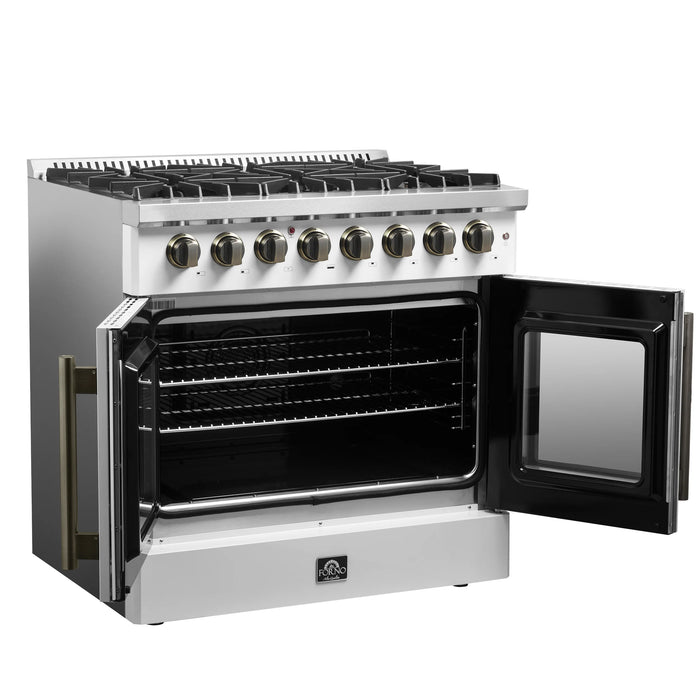 FORNO Galiano 36" 5.36 cu. ft. French Door Dual Fuel Range with 6 Sealed Burners in White with Antique Brass Accents, FFSGS6356-36WHT