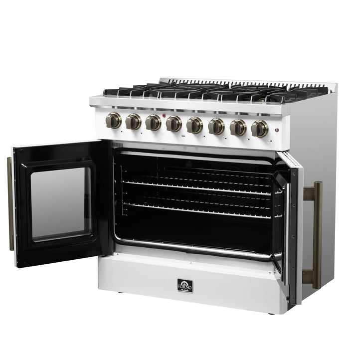 FORNO Galiano 36" 5.36 cu. ft. French Door Dual Fuel Range with 6 Sealed Burners in White with Antique Brass Accents, FFSGS6356-36WHT