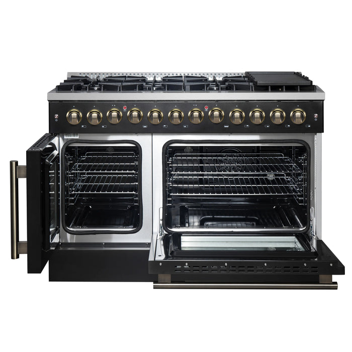 FORNO Galiano 48" 6.58 cu. ft. French Door Dual Fuel Range with 8 Sealed Burners and Griddle in Black with Antique Brass Accents, FFSGS6356-48BLK