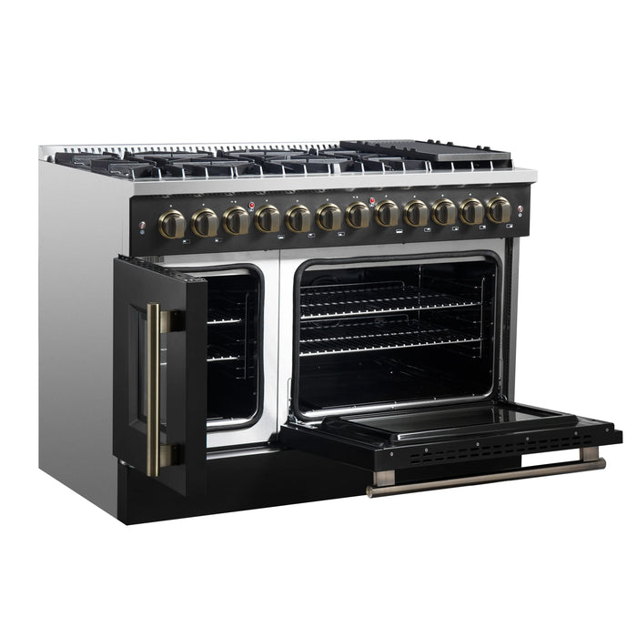 FORNO Galiano 48" 6.58 cu. ft. French Door Dual Fuel Range with 8 Sealed Burners and Griddle in Black with Antique Brass Accents, FFSGS6356-48BLK