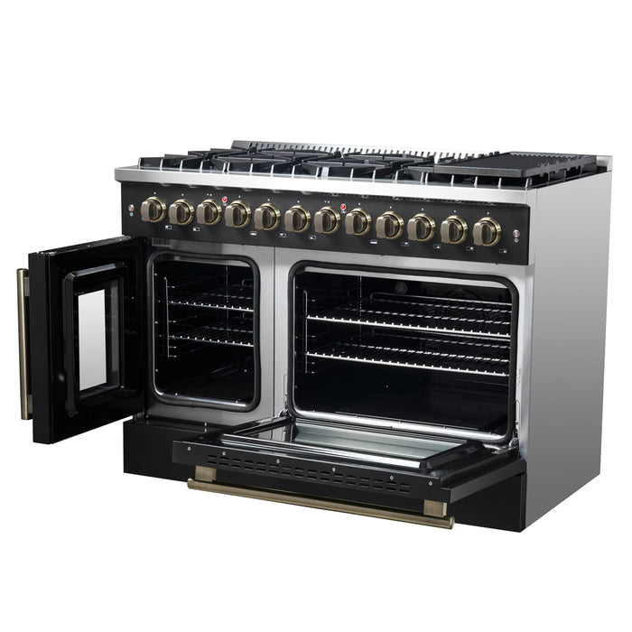 FORNO Galiano 48" 6.58 cu. ft. French Door Dual Fuel Range with 8 Sealed Burners and Griddle in Black with Antique Brass Accents, FFSGS6356-48BLK