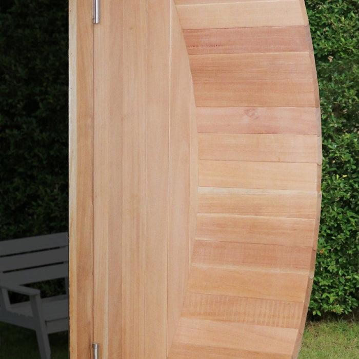 Electric Barrel Sauna with Canopy from Scandia, crafted with wood and measuring 6 feet in width, 9 feet in depth, and 6 feet in height.