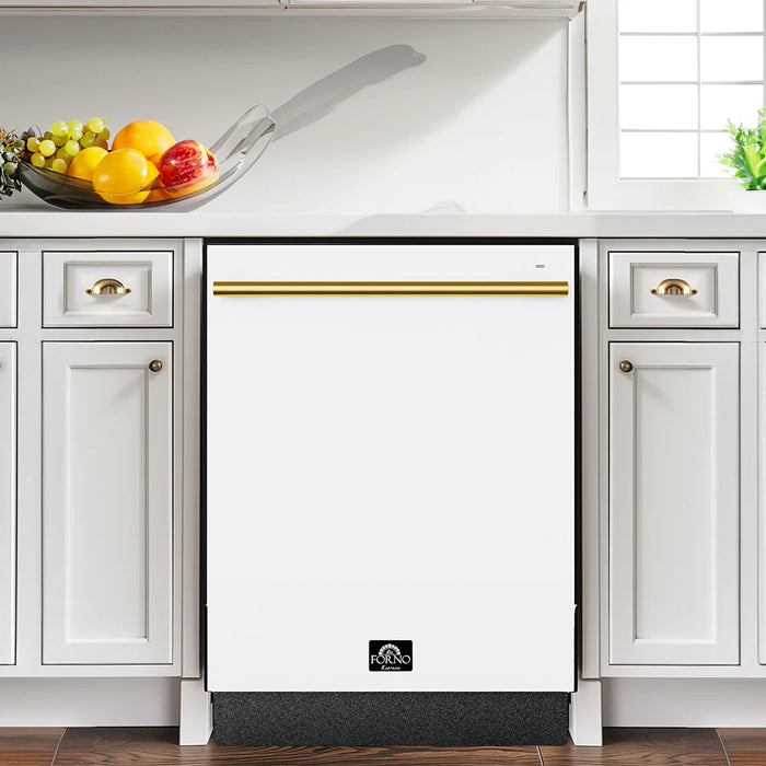 FORNO Espresso Romano 24" Built-In Tall Tub Dishwasher in White with Antique Brass Handles, FDWBI8035-24WHT
