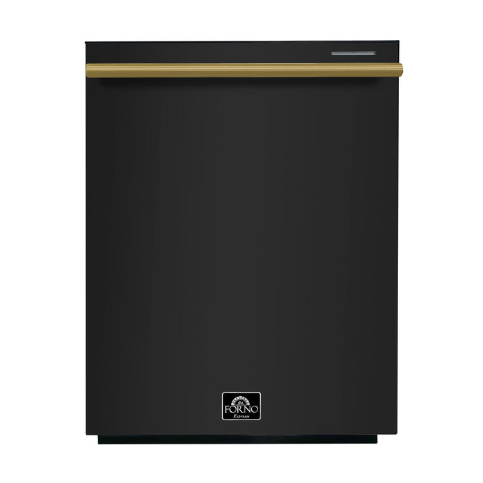 Forno Espresso Package - 30" Electric Range, Range Hood and Dishwasher in Black with Antique Brass Handles, AP-FFSEL6012-30BLK-A-A2-D