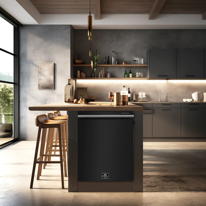 Forno Espresso Package - 30" Gas Range, 36" Refrigerator with Ice Maker and Dishwasher in Black with Silver Accents, AP-FFSGS1116-30BLK-S-1