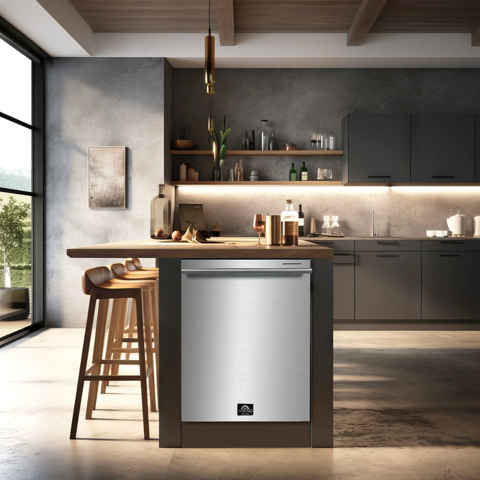Forno Espresso Package - 30" Gas Range, Range Hood, 36" Refrigerator with Ice Maker and Dishwasher in Stainless Steel, AP-FFSGS1116-30-3