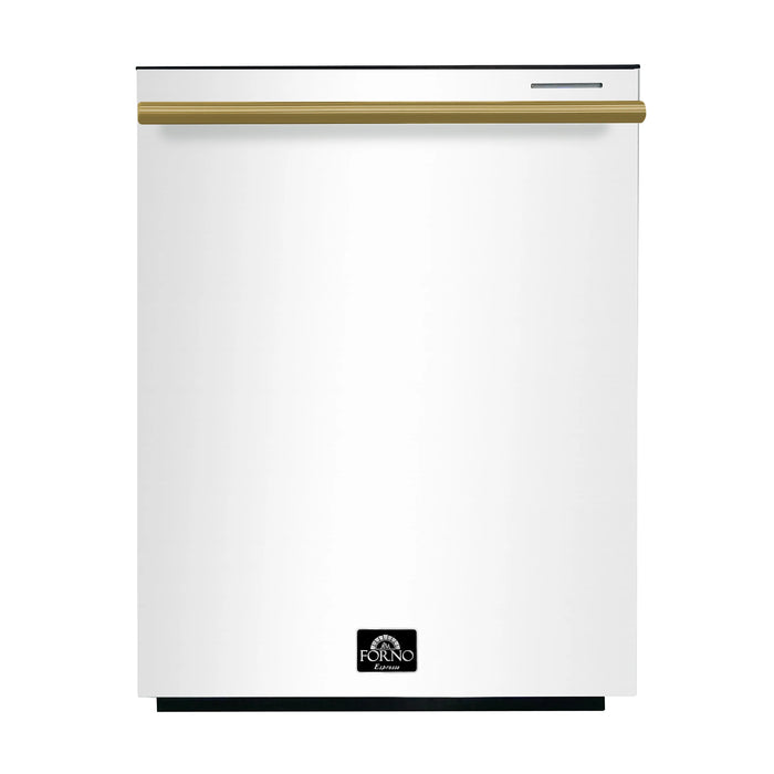 Forno Espresso Package - 30" Gas Range, 36" Refrigerator with Ice Maker, Dishwasher and 24" Microwave Drawer in White with Antique Brass Accents, AP-FFSGS1116-30WHT-A-5