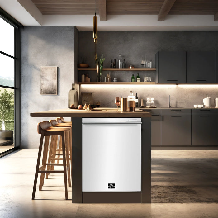 Forno Espresso Package - 30" Gas Range, 36" Refrigerator with Water and Ice Dispenser and Dishwasher in White with Silver Accents, AP-FFSGS1116-30WHT-S-4