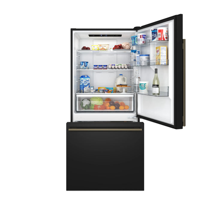 FORNO Espresso Milano 31" 17.2 cu. ft. Refrigerator and Bottom Freezer in Black with Antique Brass Handles, FFFFD1785-31BLK