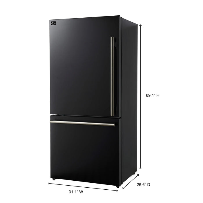 FORNO Espresso Milano 31" 17.2 cu. ft. Refrigerator and Bottom Freezer with Ice Maker in Black and Antique Brass Handles, FFFFD1786-31BLK
