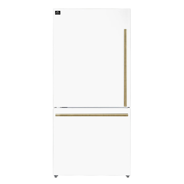 FORNO Espresso Milano 31" 17.2 cu. ft. Refrigerator and Bottom Freezer with Ice Maker in White and Antique Brass Handles, FFFFD1786-31WHT