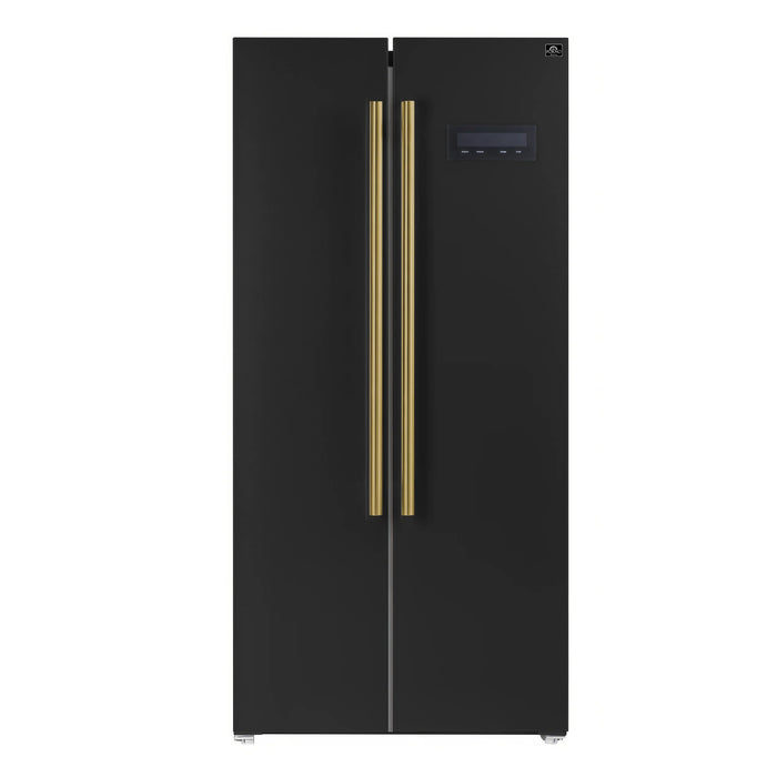 Forno Espresso Package - 30" Electric Range, Range Hood and Refrigerator in Black with Antique Brass Handles, AP-FFSEL6012-30BLK-A-A7