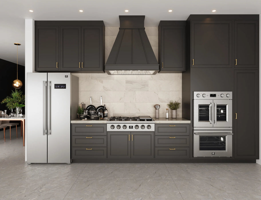 Forno Espresso Package - 30" Electric Range, Range Hood, Refrigerator and Dishwasher in Stainless Steel with Silver Handles, AP-FFSEL6012-30-S-A9-D