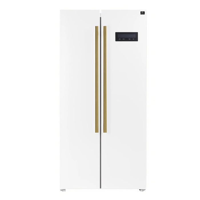 Forno Espresso Package - 30" Electric Range, Range Hood, Refrigerator and Dishwasher in White with Antique Brass Handles, AP-FFSEL6012-30WHT-A-A8-D