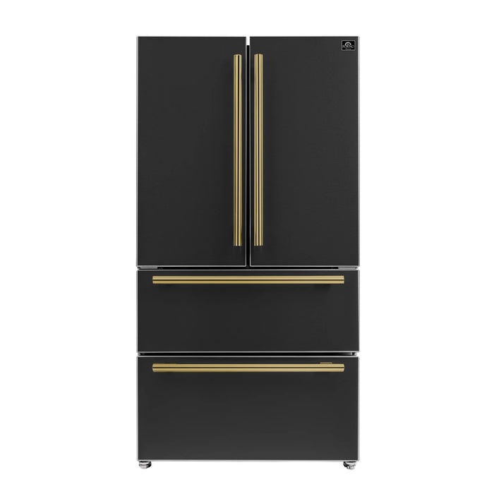 Forno Espresso Package - 30" Induction Range, Range Hood, 36" Refrigerator with Ice Maker and Dishwasher in Black with Antique Brass Handles, AP-4-0982BLK-1