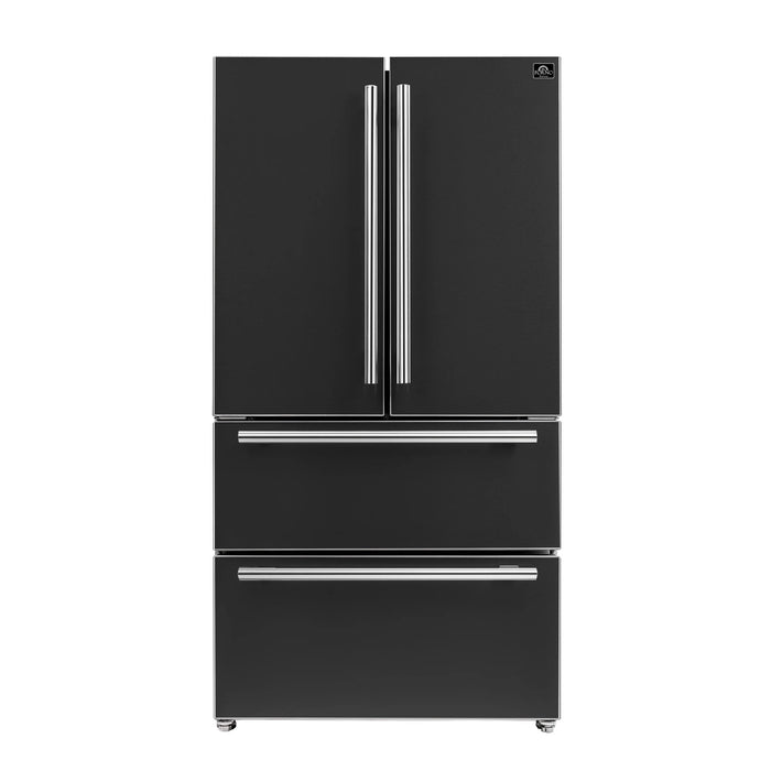Forno Espresso Package - 30" Electric Range, Range Hood and Refrigerator in Black with Silver Handles, AP-FFSEL6012-30BLK-S-3P-36R