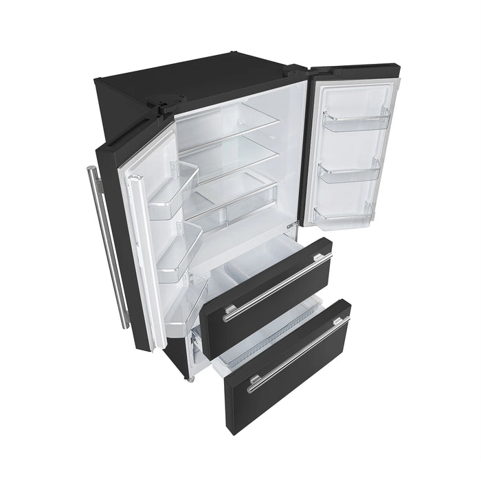 Forno Espresso Package - 30" Electric Range, Range Hood and Refrigerator in Black with Silver Handles, AP-FFSEL6012-30BLK-S-3P-36R