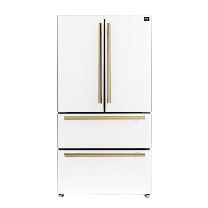 Forno Espresso Package - 30" Electric Range and Refrigerator in White with Antique Brass Handles, AP-FFSEL6012-30WHT-A-2P-36R