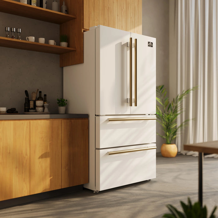 Forno Espresso Package - 30" Electric Range, Range Hood and Refrigerator in White with Antique Brass Handles, AP-FFSEL6012-30WHT-A-3P-36R
