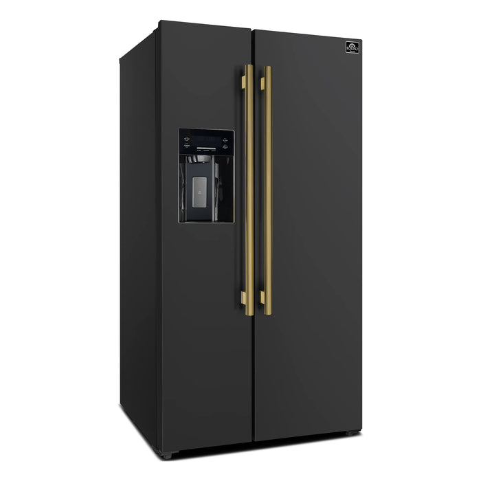 FORNO Espresso Salerno 36" 20 cu. ft. Side-By-Side Refrigerator with Water and Ice Dispenser in Black with Antique Brass Handles, FFRBI1844-36BLK
