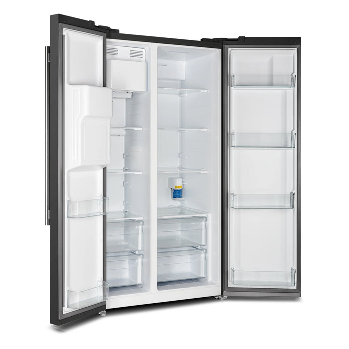 FORNO Espresso Salerno 36" 20 cu. ft. Side-By-Side Refrigerator with Water and Ice Dispenser in Black with Silver Handles, FFRBI1844-36BLK