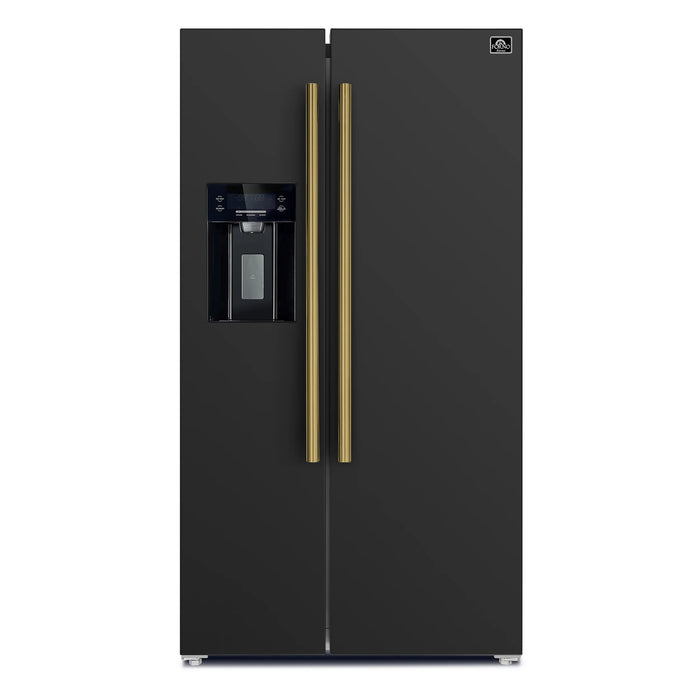 FORNO Espresso Salerno 36" 20 cu. ft. Side-By-Side Refrigerator with Water and Ice Dispenser in Black with Antique Brass Handles, FFRBI1844-36BLK