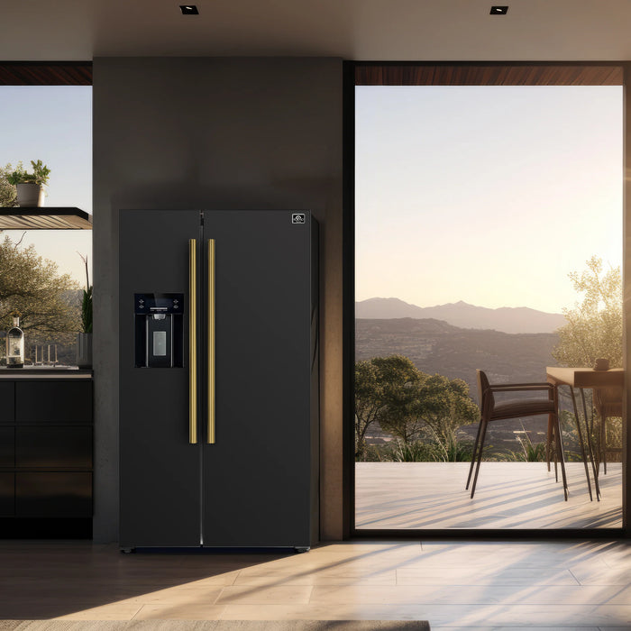 Forno Espresso Package - 30" Gas Range, 36" Refrigerator with Water and Ice Dispenser and Dishwasher in Black with Antique Brass Accents, AP-FFSGS1116-30BLK-A-4