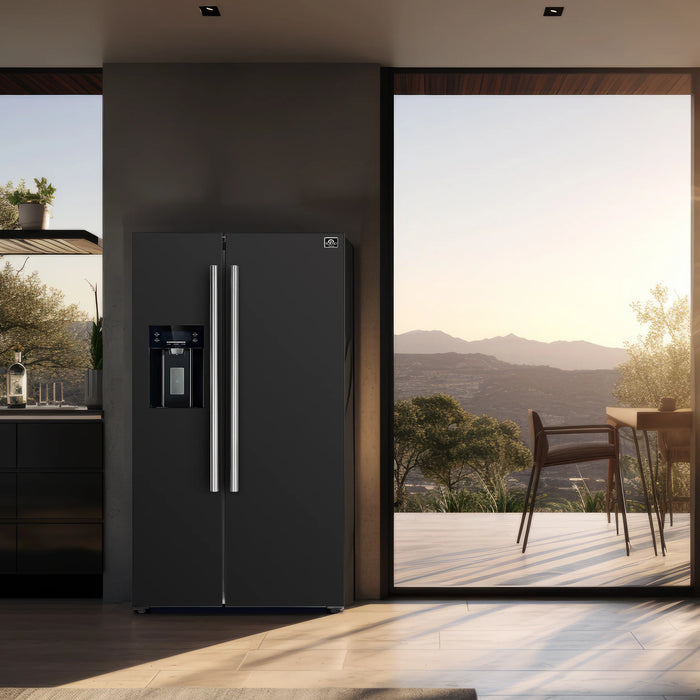 FORNO Espresso Salerno 36" 20 cu. ft. Side-By-Side Refrigerator with Water and Ice Dispenser in Black with Silver Handles, FFRBI1844-36BLK