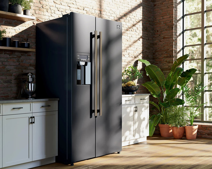 Forno Espresso Package - 30" Gas Range, 36" Refrigerator with Water and Ice Dispenser and Dishwasher in Black with Antique Brass Accents, AP-FFSGS1116-30BLK-A-4