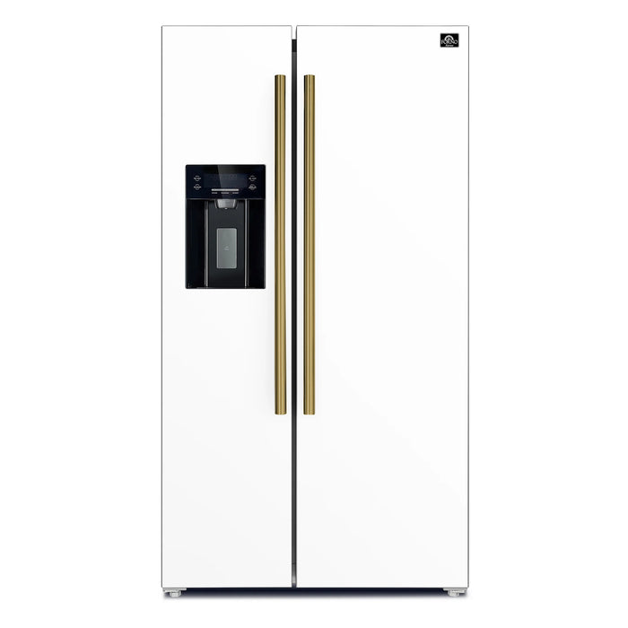 Forno Espresso Package - 30" Gas Range, 36" Refrigerator with Water and Ice Dispenser and Dishwasher in White with Antique Brass Accents, AP-FFSGS1116-30WHT-A-4