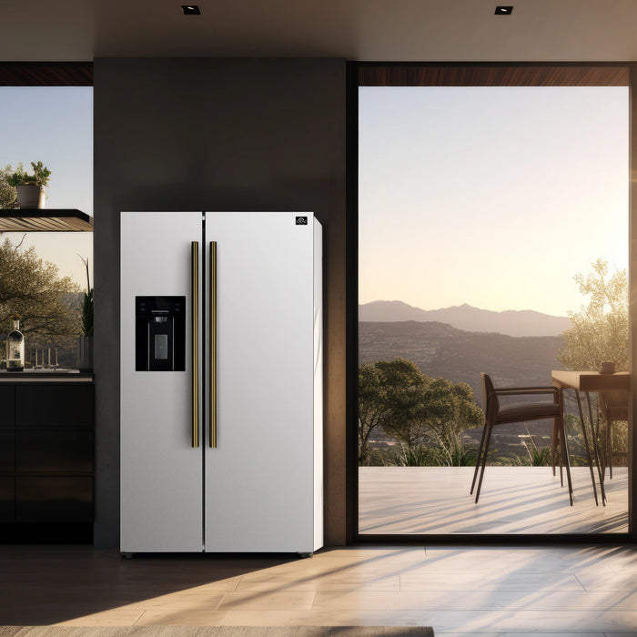 Forno Espresso Package - 30" Gas Range, 36" Refrigerator with Water and Ice Dispenser and Dishwasher in White with Antique Brass Accents, AP-FFSGS1116-30WHT-A-4