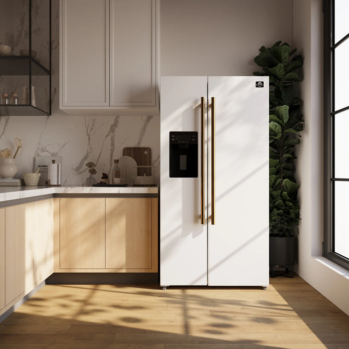 Forno Espresso Package - 30" Gas Range, 36" Refrigerator with Water and Ice Dispenser and Dishwasher in White with Antique Brass Accents, AP-FFSGS1116-30WHT-A-4