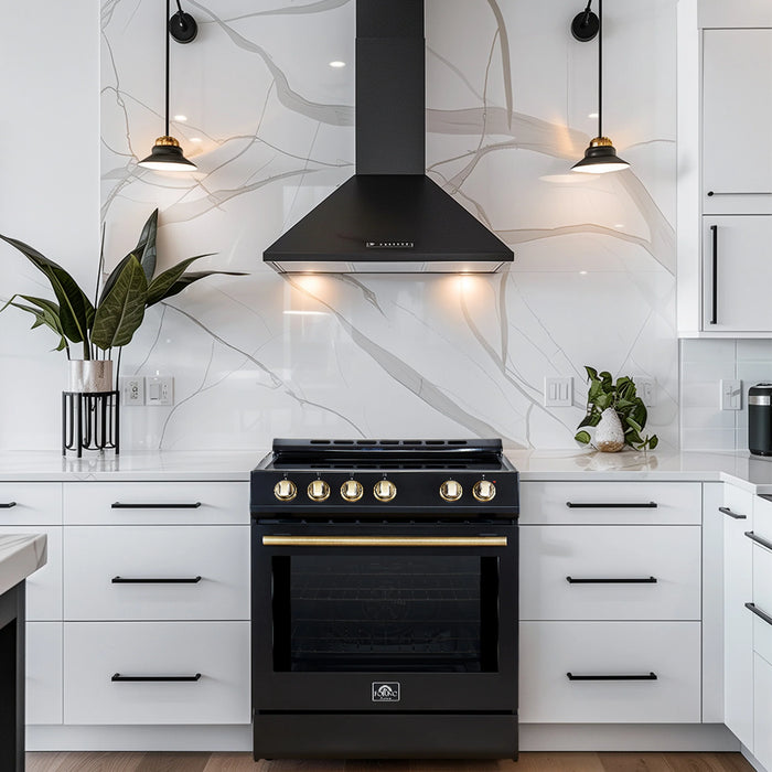 Forno Espresso Package - 30" Electric Range, Range Hood and Refrigerator in Black with Antique Brass Handles, FBDL-001-02US