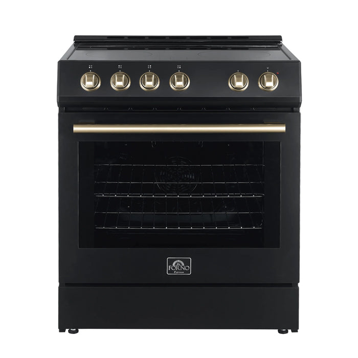 Forno Espresso Package - 30" Electric Range, Range Hood and Refrigerator in Black with Antique Brass Handles, AP-FFSEL6012-30BLK-A-A7