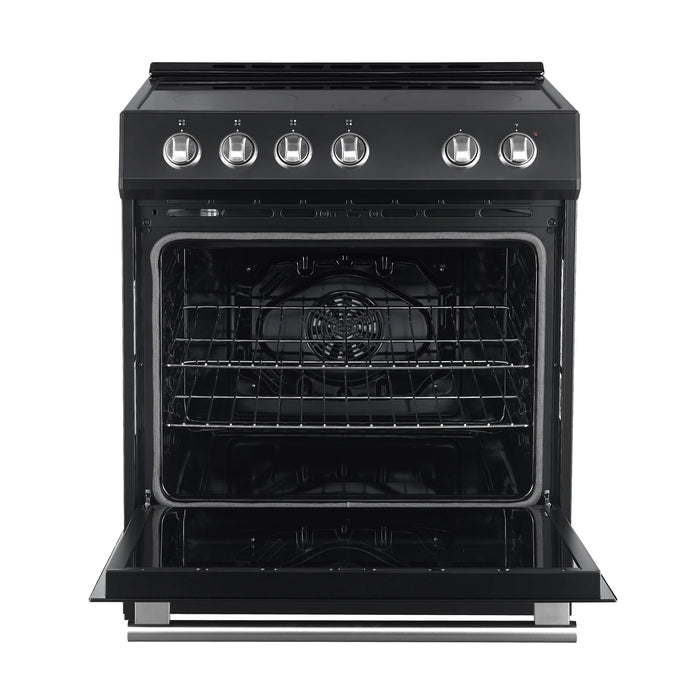 Forno Espresso Package - 30" Electric Range, Range Hood and Refrigerator in Black with Silver Handles, FBDL-001-02US