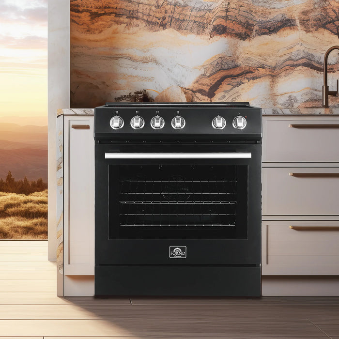 Forno Espresso Package - 30" Electric Range, Range Hood, Refrigerator and Dishwasher in Black with Silver Handles, AP-FFSEL6012-30BLK-S-4P-36R