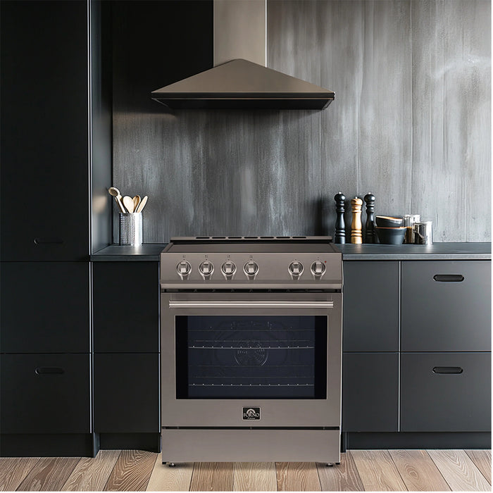 Forno Espresso Package - 30" Electric Range, Range Hood, Refrigerator and Dishwasher in Stainless Steel with Silver Handles, AP-FFSEL6012-30-S-A4-D