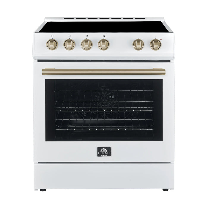 Forno Espresso Package - 30" Electric Range, Range Hood and Refrigerator in White with Antique Brass Handles, AP-FFSEL6012-30WHT-A-A8